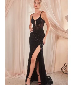 Unique Vintage Special Occasion|Prom Dresses>Cinderella Divine Black Sequin Beaded High Slit Fitted Prom Gown
