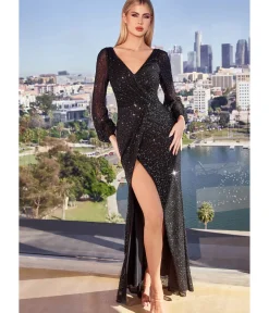 Unique Vintage Special Occasion|Prom Dresses>Cinderella Divine Black Sequin Long Sleeve Slit Evening Gown