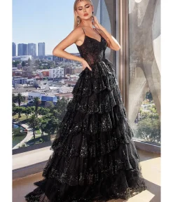 Unique Vintage Special Occasion|Prom Dresses>Cinderella Divine Black Sparkle Tiered Prom Dress