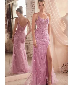 Unique Vintage Special Occasion|All Things Pink>Cinderella Divine Blossom Pink Sequin Beaded High Slit Fitted Prom Gown