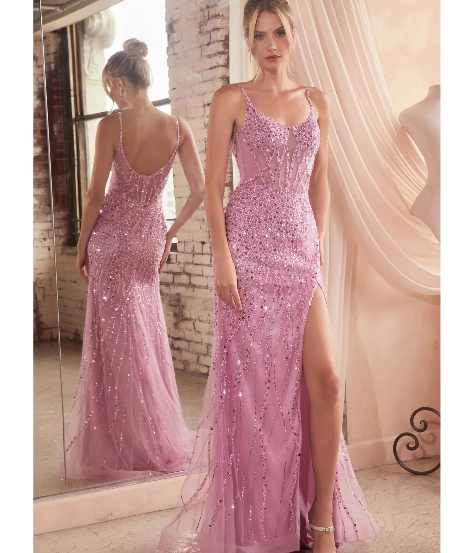 Unique Vintage Special Occasion|All Things Pink>Cinderella Divine Blossom Pink Sequin Beaded High Slit Fitted Prom Gown