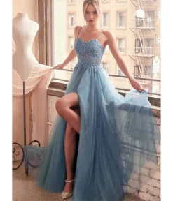 Unique Vintage Special Occasion|Prom Dresses>Cinderella Divine Blue Foliage Applique Corset Tulle Gown