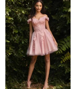 Unique Vintage Special Occasion|Prom Dresses>Cinderella Divine Blush Beaded & Floral Applique Off The Shoulder Cocktail Dress