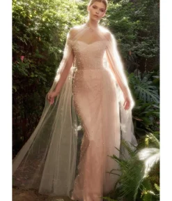 Unique Vintage Special Occasion|Prom Dresses>Cinderella Divine Blush Pearl Pleated Tulle Fairytale Gown with Cape