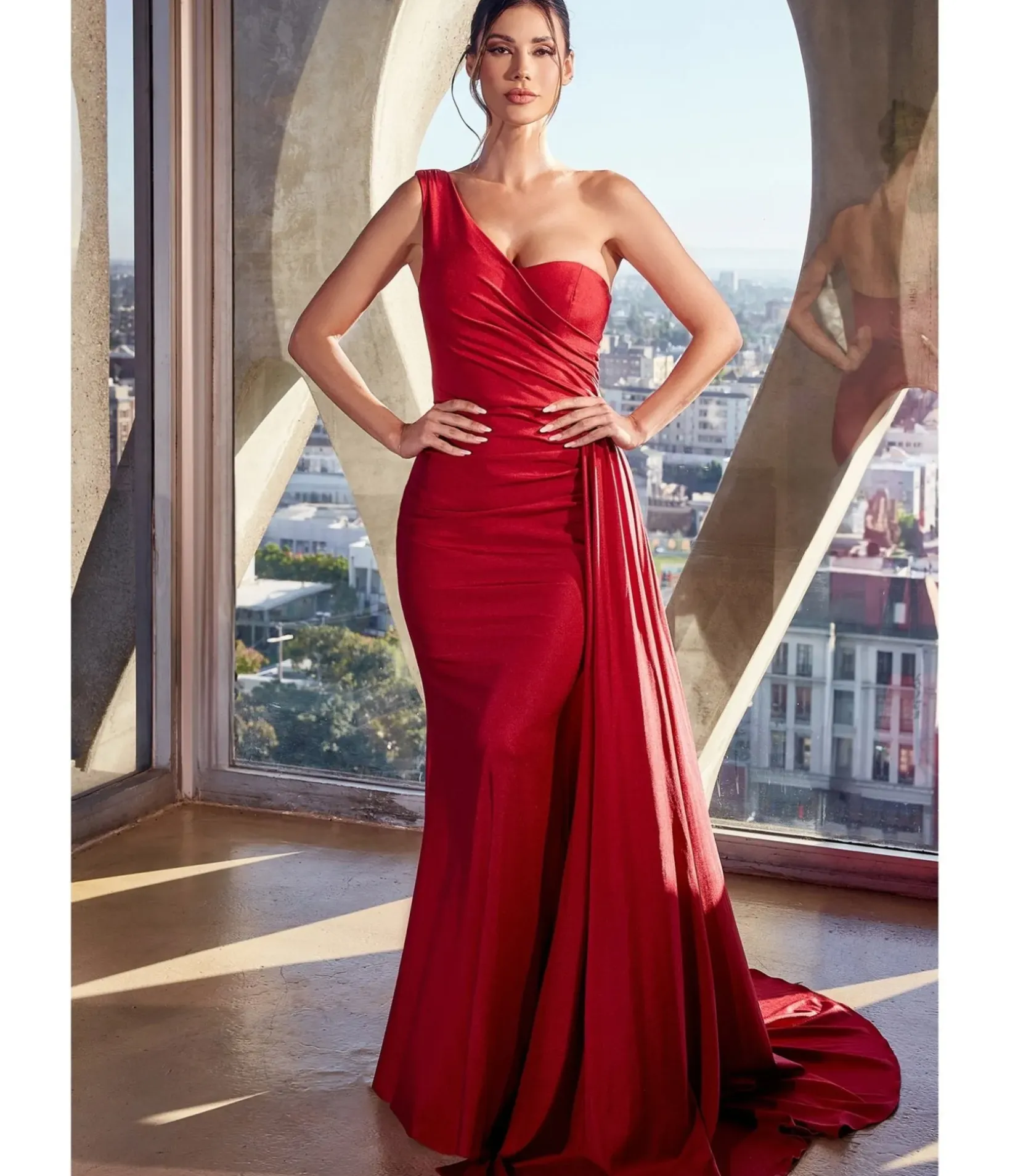 Unique Vintage Special Occasion|Prom Dresses>Cinderella Divine Burgundy Fitted One Shoulder Satin Bridesmaid Dress