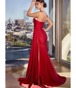 Unique Vintage Special Occasion|Prom Dresses>Cinderella Divine Burgundy Fitted One Shoulder Satin Bridesmaid Dress