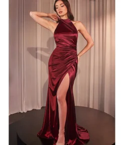 Unique Vintage Special Occasion|Prom Dresses>Cinderella Divine Burgundy Fitted Satin Halter Bridesmaid Dress