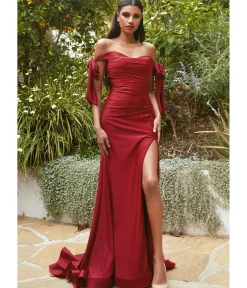 Unique Vintage Special Occasion|Prom Dresses>Cinderella Divine Burgundy Off The Shoulder Tie Prom Gown