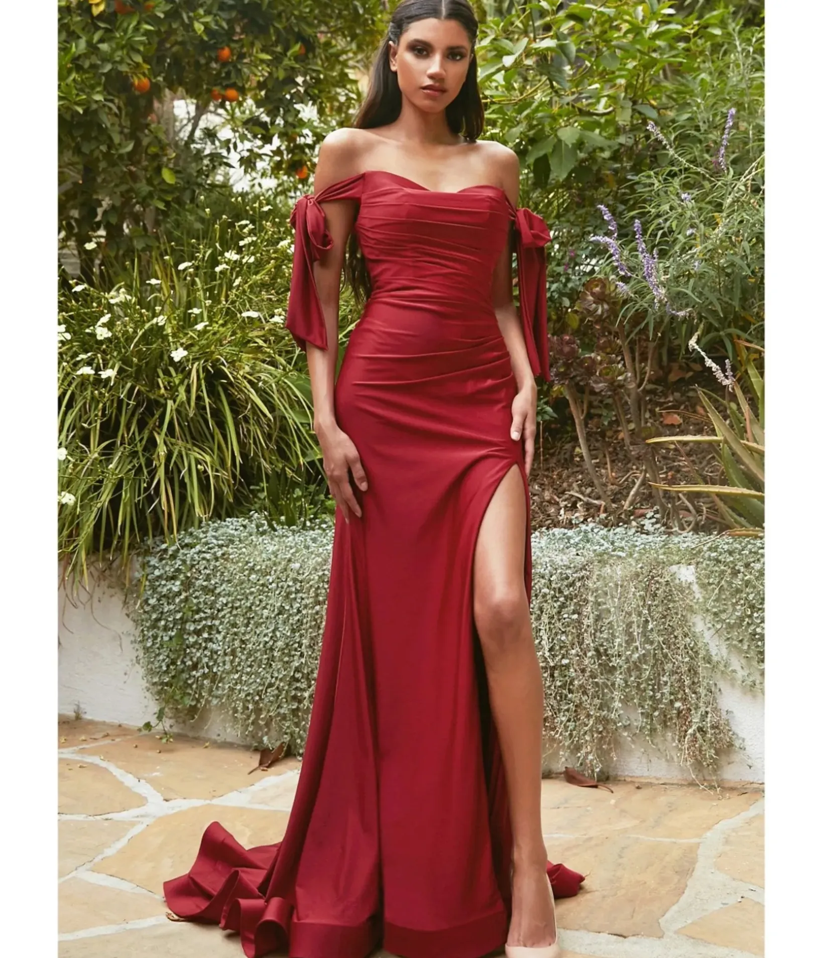 Unique Vintage Special Occasion|Prom Dresses>Cinderella Divine Burgundy Off The Shoulder Tie Prom Gown