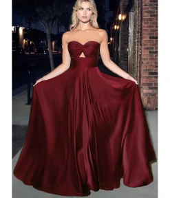 Unique Vintage Special Occasion|Prom Dresses>Cinderella Divine Burgundy Satin Strapless Keyhole Evening Gown
