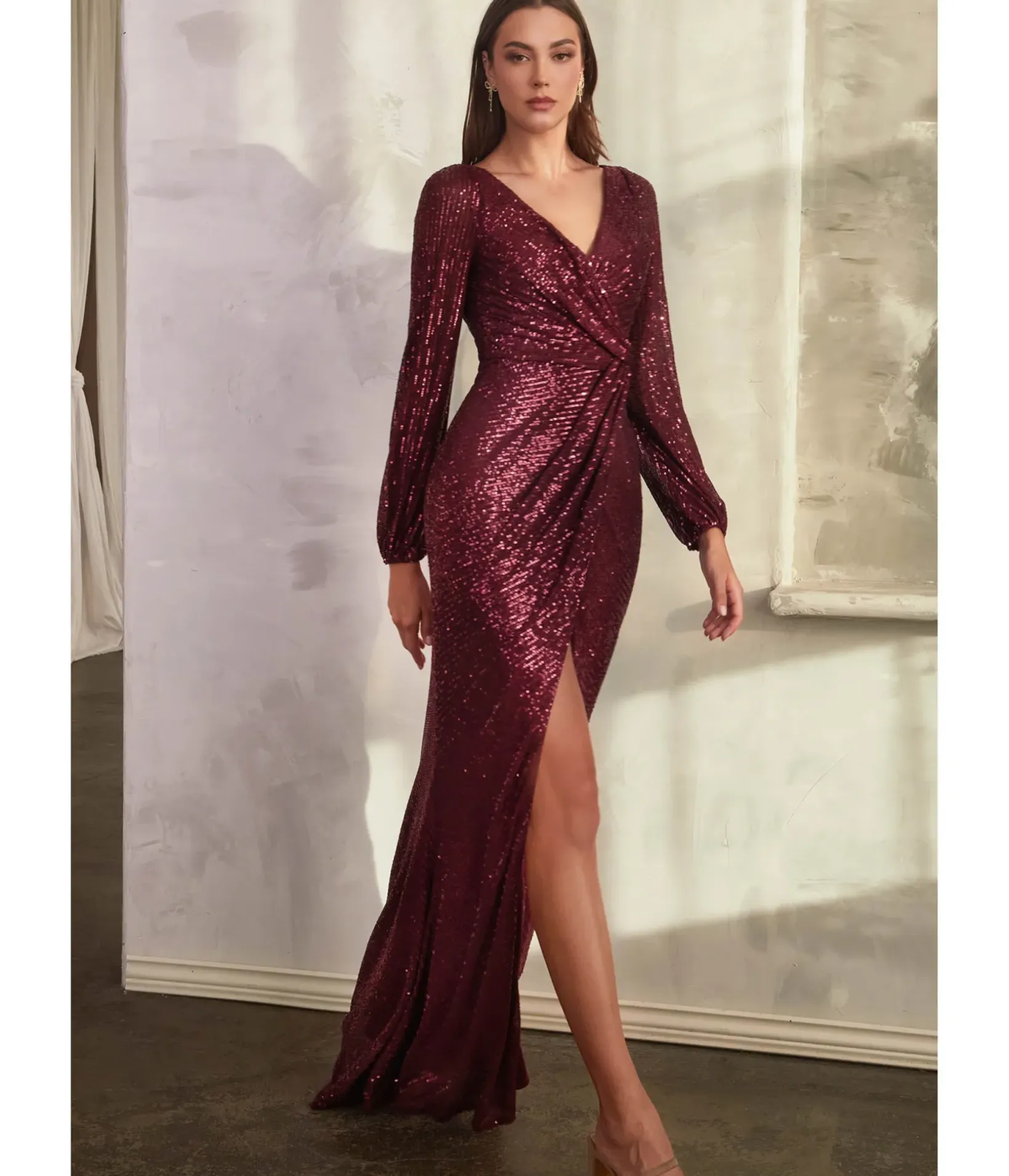 Unique Vintage Special Occasion|Prom Dresses>Cinderella Divine Burgundy Sequin Long Sleeve Slit Evening Gown