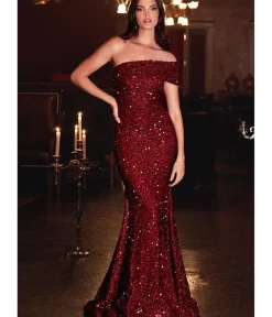 Unique Vintage Special Occasion|Prom Dresses>Cinderella Divine Burgundy Sequin One Shoulder Mermaid Prom Gown