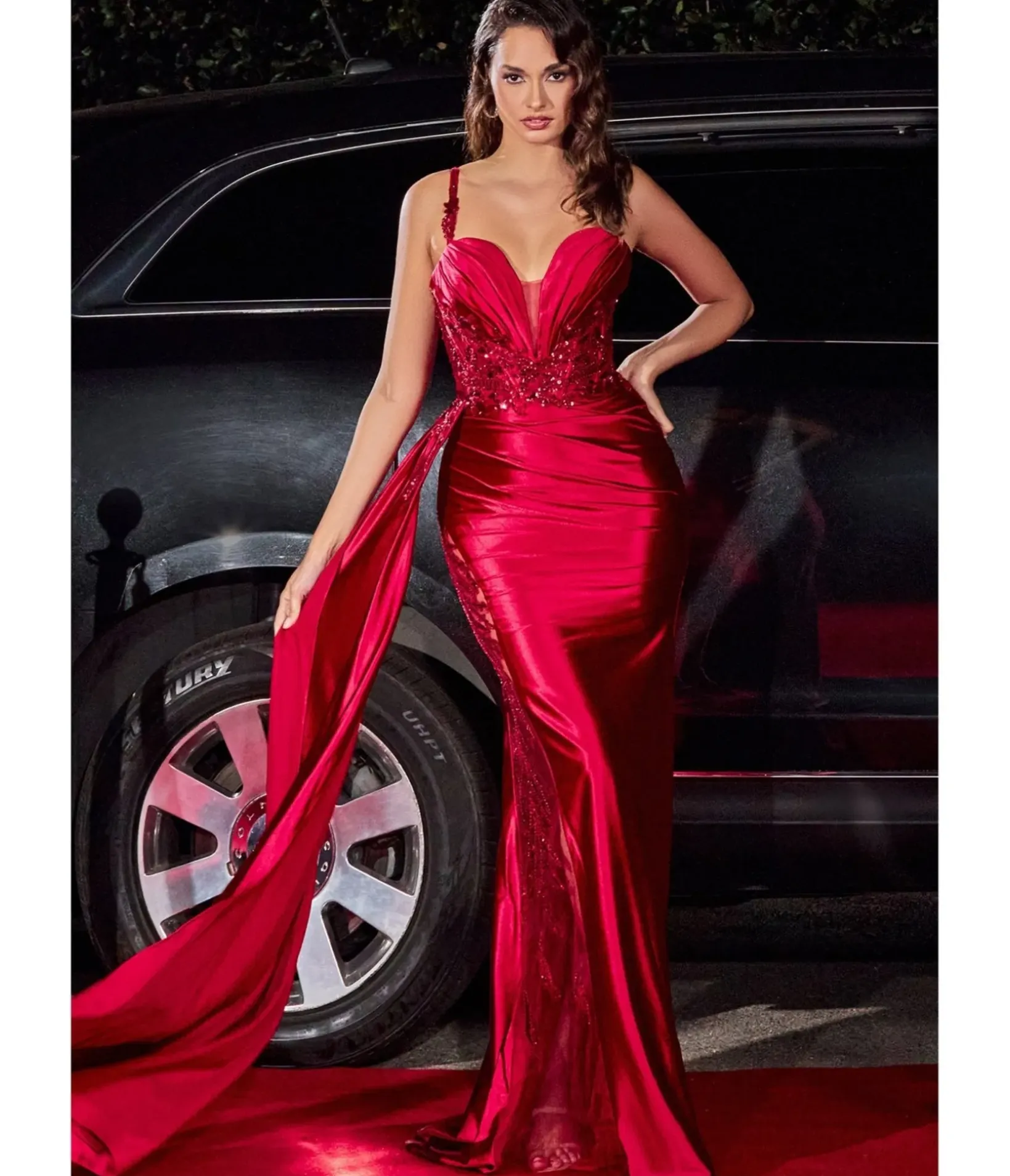 Unique Vintage Special Occasion|Prom Dresses>Cinderella Divine Burgundy Soft Satin Sheer Leaves Gown