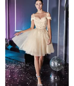 Unique Vintage Special Occasion|Prom Dresses>Cinderella Divine Champagne Glitter Tulle Cold Shoulder Homecoming Dress