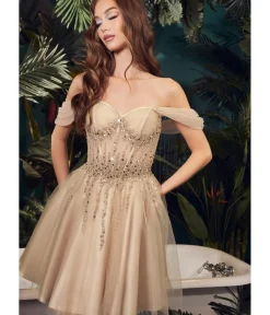 Unique Vintage Special Occasion|Prom Dresses>Cinderella Divine Champagne Glitter Tulle Off Shoulder Corset Mini Dress