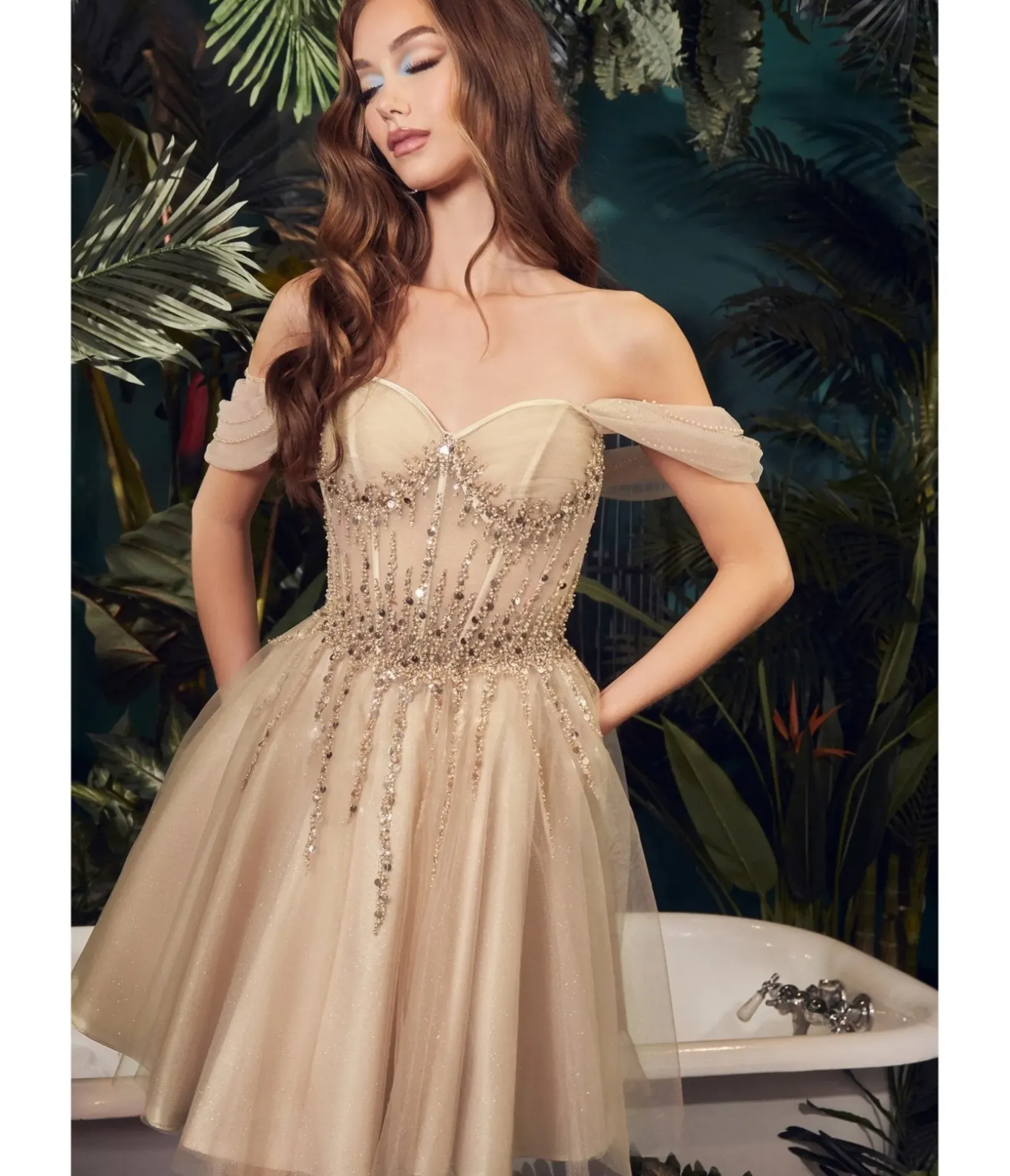 Unique Vintage Special Occasion|Prom Dresses>Cinderella Divine Champagne Glitter Tulle Off Shoulder Corset Mini Dress