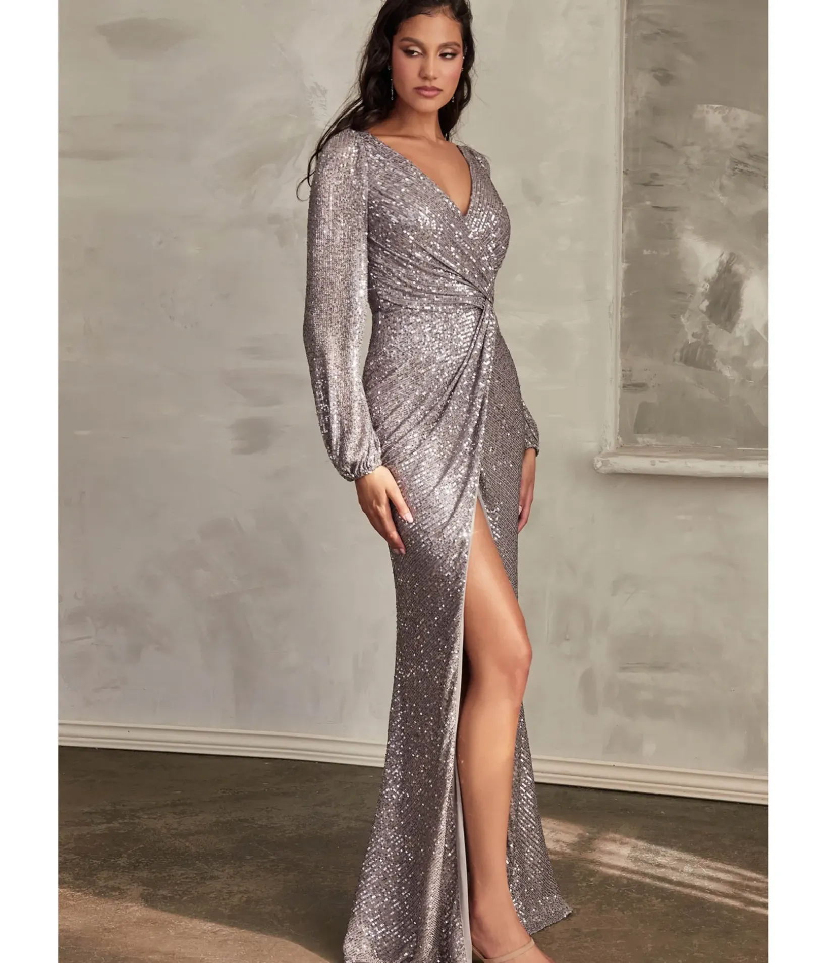 Unique Vintage Special Occasion|Prom Dresses>Cinderella Divine Dark Silver Sequin Long Sleeve Slit Evening Gown