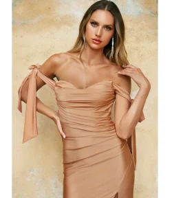 Unique Vintage Special Occasion|Prom Dresses>Cinderella Divine Desert Rose Off The Shoulder Tie Prom Gown