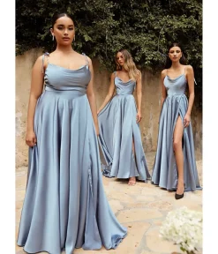 Unique Vintage Special Occasion|Prom Dresses>Cinderella Divine Dusty Blue Liquid Satin Prom Gown