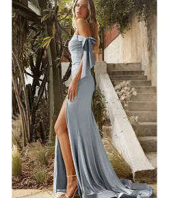 Unique Vintage Special Occasion|Prom Dresses>Cinderella Divine Dusty Blue Off The Shoulder Tie Bridesmaid Gown