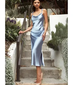 Unique Vintage Special Occasion|Under $100>Cinderella Divine Dusty Blue Satin Slip Homecoming Midi Dress