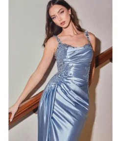 Unique Vintage Special Occasion|Prom Dresses>Cinderella Divine Dusty Blue Sequin Applique & Ruched Satin Evening Gown