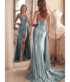 Unique Vintage Special Occasion|Prom Dresses>Cinderella Divine Dusty Blue Strapless Satin Bridesmaid Dress