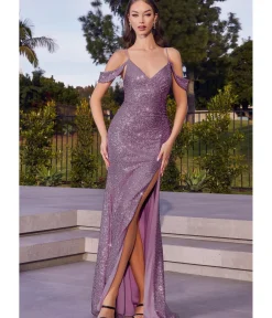 Unique Vintage Special Occasion|Prom Dresses>Cinderella Divine Dusty Lavender Sequin Cold Shoulder Bridesmaid Gown