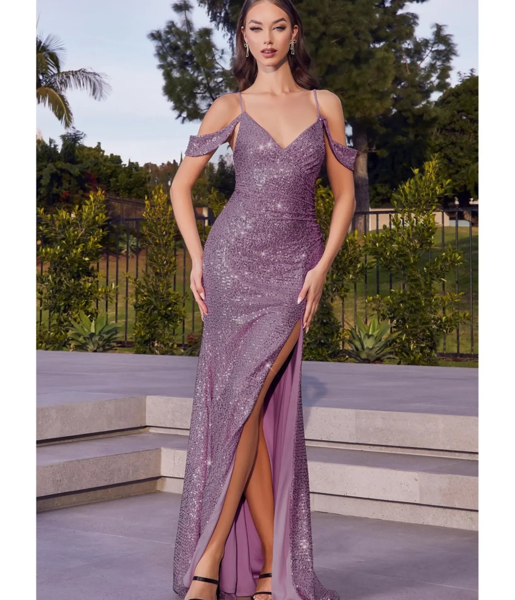 Unique Vintage Special Occasion|Prom Dresses>Cinderella Divine Dusty Lavender Sequin Cold Shoulder Bridesmaid Gown