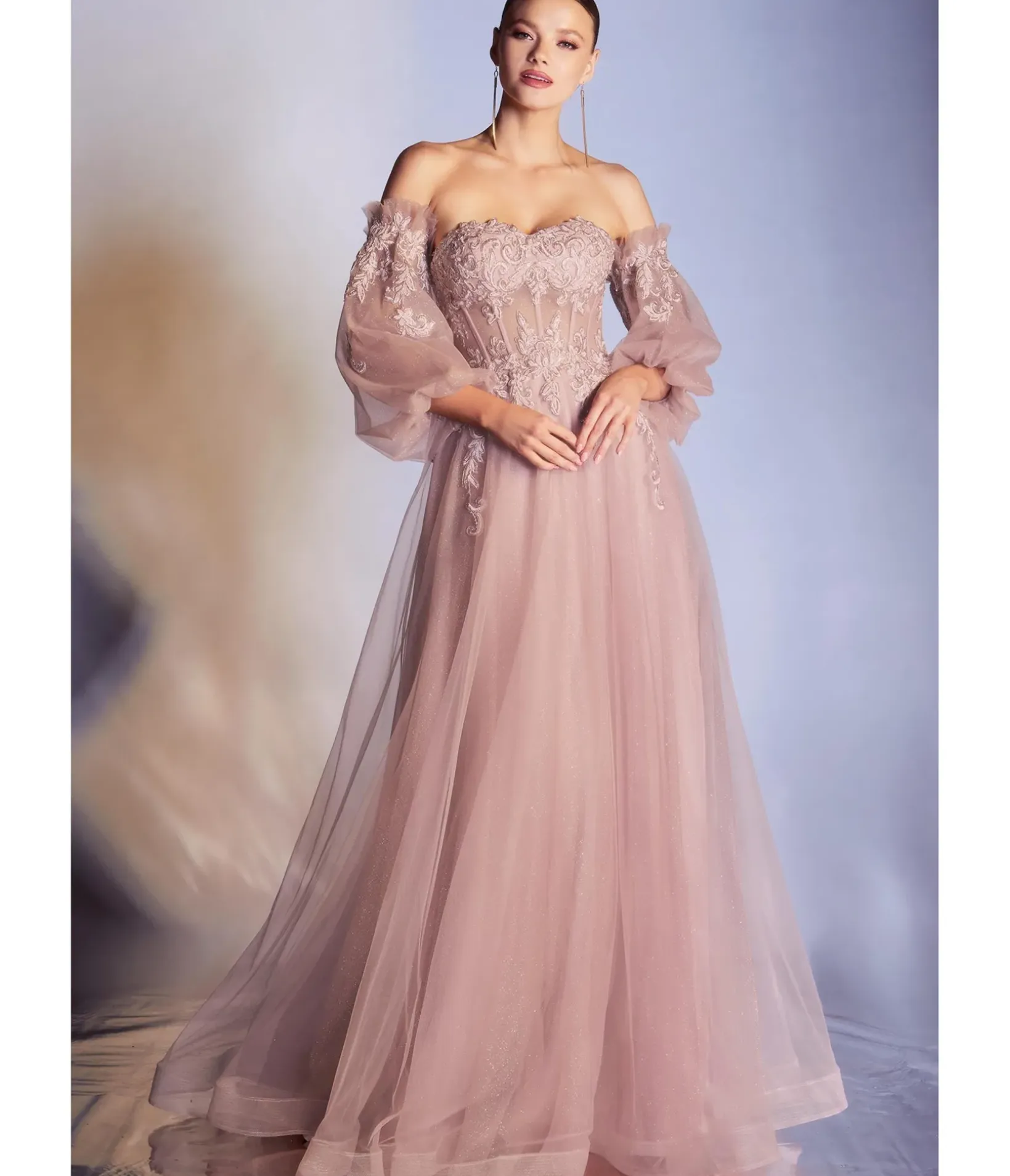 Unique Vintage Special Occasion|Prom Dresses>Cinderella Divine Dusty Rose Glitter Off The Shoulder Corset Prom Gown