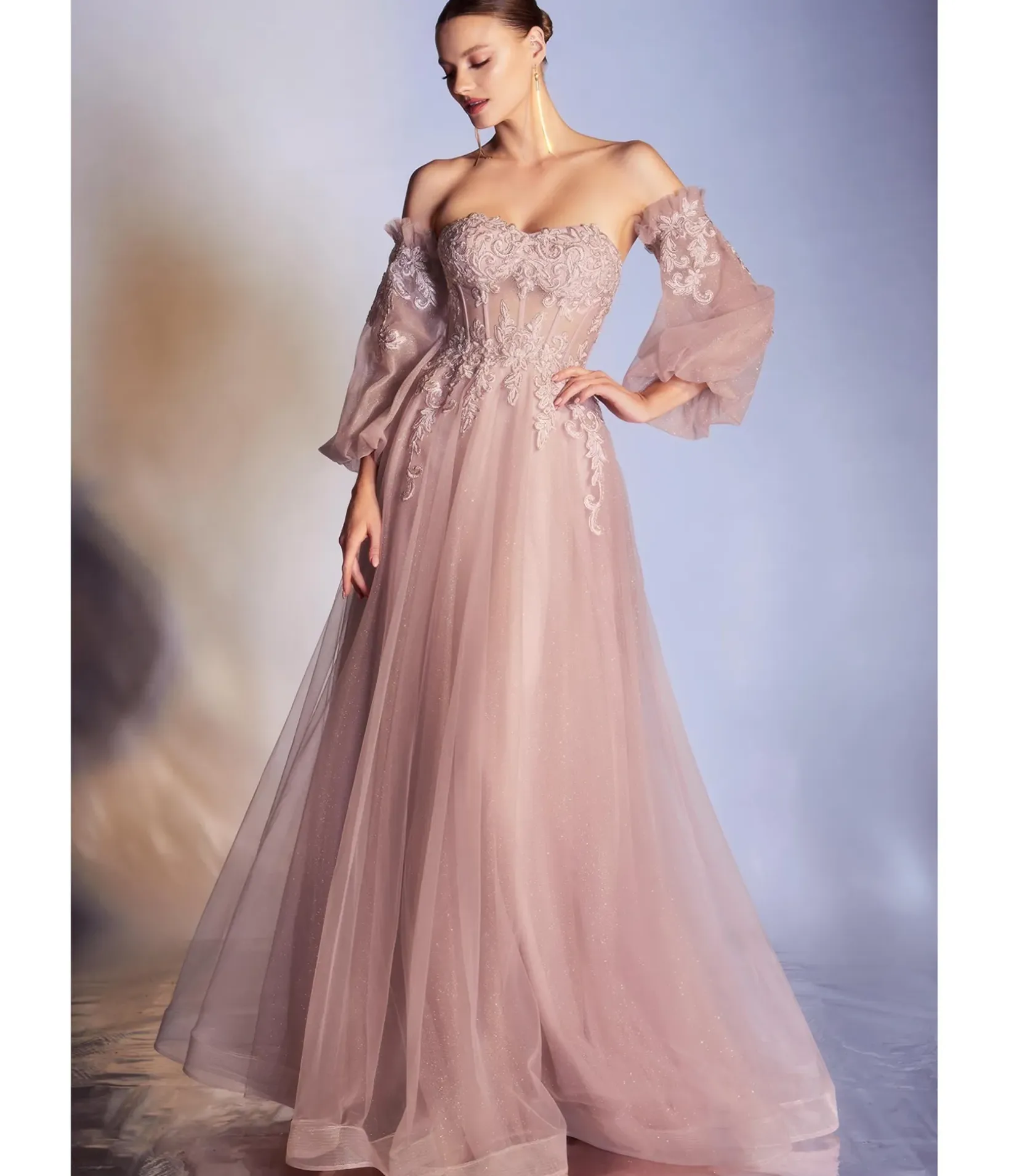 Unique Vintage Special Occasion|Prom Dresses>Cinderella Divine Dusty Rose Glitter Off The Shoulder Corset Prom Gown