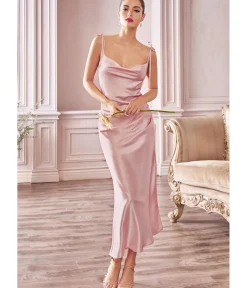 Unique Vintage Special Occasion|Under $100>Cinderella Divine Dusty Rose Satin Slip Homecoming Midi Dress