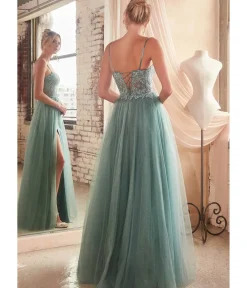 Unique Vintage Special Occasion|Prom Dresses>Cinderella Divine Dusty Teal Foliage Applique Corset Tulle Gown