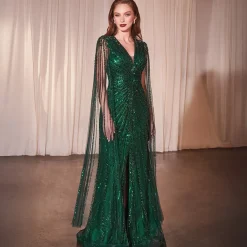 Unique Vintage Special Occasion|Prom Dresses>Cinderella Divine Emerald Beaded Cape Sleeve Slit Prom Dress