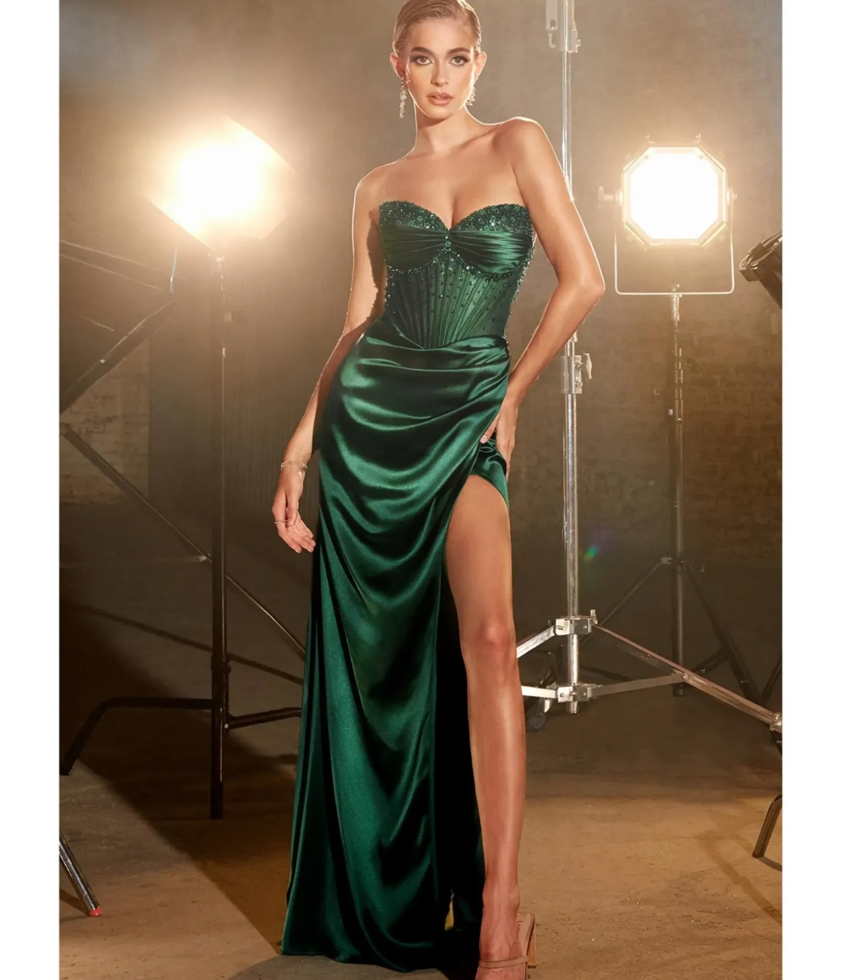 Unique Vintage Special Occasion|Prom Dresses>Cinderella Divine Emerald Beaded Satin Corset Prom Dress