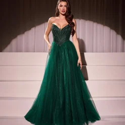 Unique Vintage Special Occasion|Prom Dresses>Cinderella Divine Emerald Beaded Strapless Tulle Prom Dress