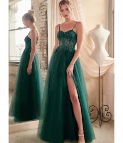 Unique Vintage Special Occasion|Prom Dresses>Cinderella Divine Emerald Foliage Applique Corset Tulle Gown