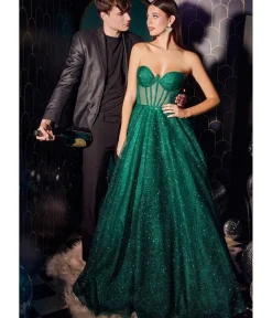 Unique Vintage Special Occasion|Prom Dresses>Cinderella Divine Emerald Glitter Strapless Corset Prom Gown