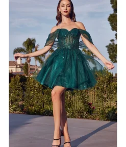 Unique Vintage Special Occasion|Prom Dresses>Cinderella Divine Emerald Glitter Tulle Off Shoulder Corset Mini Dress