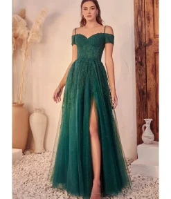 Unique Vintage Special Occasion|Prom Dresses>Cinderella Divine Emerald Glitter Tulle Off The Shoulder Applique Slit Gown