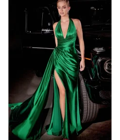 Unique Vintage Special Occasion|Prom Dresses>Cinderella Divine Emerald Pleated Satin Halter Fitted Slit Dress