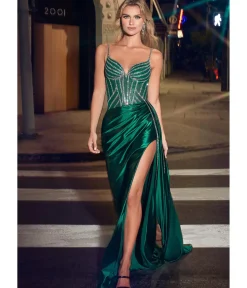 Unique Vintage Special Occasion|Prom Dresses>Cinderella Divine Emerald Satin Fitted Beaded Slit Evening Gown