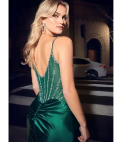 Unique Vintage Special Occasion|Prom Dresses>Cinderella Divine Emerald Satin Fitted Beaded Slit Evening Gown