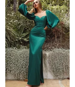 Unique Vintage Bridesmaid Dresses|Wedding Guest>Cinderella Divine Emerald Satin Long Sleeve Bridesmaid Dress