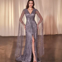 Unique Vintage Special Occasion|Prom Dresses>Cinderella Divine English Violet Beaded Cape Sleeve Slit Prom Dress