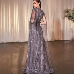 Unique Vintage Special Occasion|Prom Dresses>Cinderella Divine English Violet Beaded Cape Sleeve Slit Prom Dress