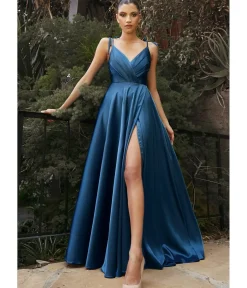 Unique Vintage Special Occasion|Prom Dresses>Cinderella Divine French Navy Flowy Satin A-Line Bridesmaid Gown