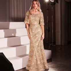 Unique Vintage Special Occasion|Prom Dresses>Cinderella Divine Gold Lace Fitted Mid-Sleeve Prom Dress