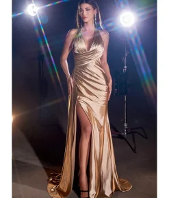 Unique Vintage Special Occasion|Prom Dresses>Cinderella Divine Gold Pleated Satin Halter Fitted Slit Dress