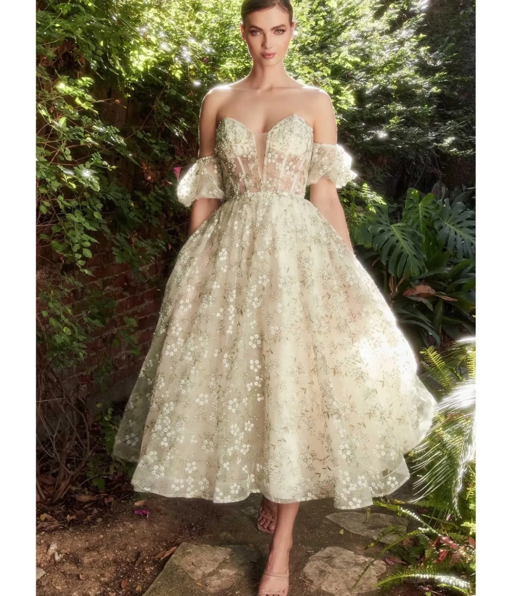 Unique Vintage Special Occasion|Prom Dresses>Cinderella Divine Green Romantic Floral Organza Tea Length Bridesmaid Gown